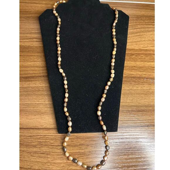 Long Brown Genuine Pearl Necklace Beaded Knotted Chocolate Golden 36 Inch - Picture 1 of 3